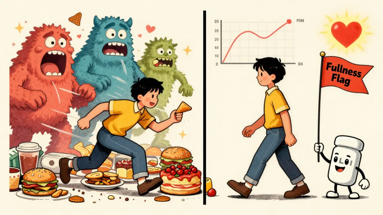 Split cartoon scene: hunger monsters vs. GLP-1 drug calming cravings with health graphs in background