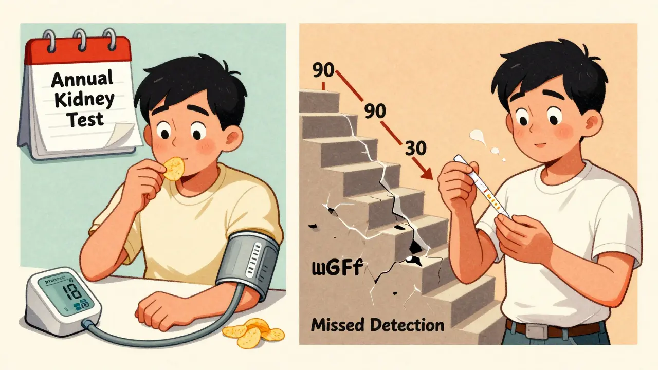 Split cartoon scene: person ignoring health check vs. same person managing kidney disease with active care.