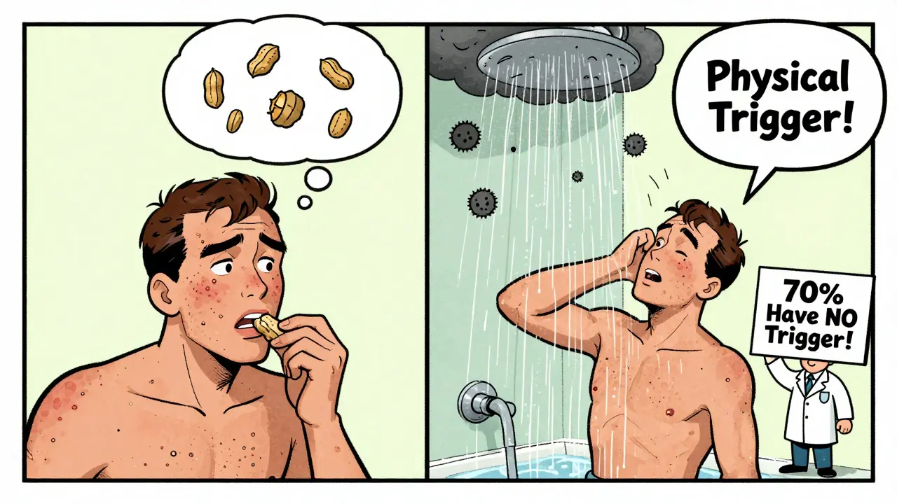 Split cartoon scene showing food and heat as triggers for hives with humorous labels.