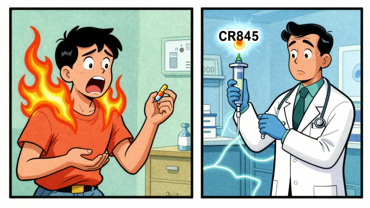 Split scene: left shows patient overwhelmed by itching flames, right shows modern treatment with glowing CR845 pill.