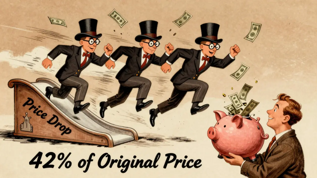 Three manufacturers sliding down a price drop slide to 42% of original cost.