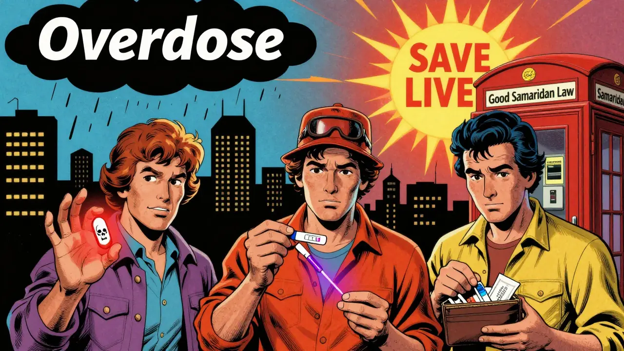 Three people reacting to fake pills: one holding a dangerous pill, one testing it, one storing Narcan in wallet.