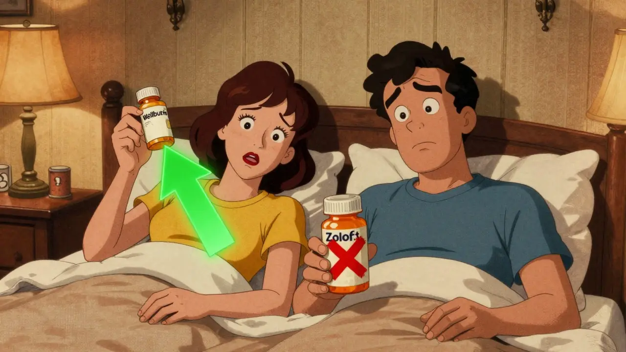 Two people in bed, one holding Wellbutrin with a glowing arrow, the other a faded Zoloft bottle.