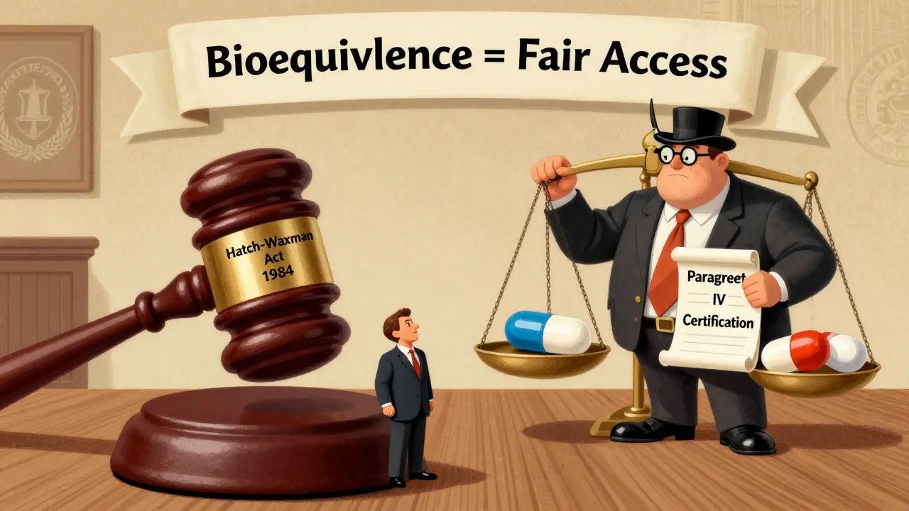 Vintage cartoon courtroom scene with Hatch-Waxman Act balancing brand and generic drugs.