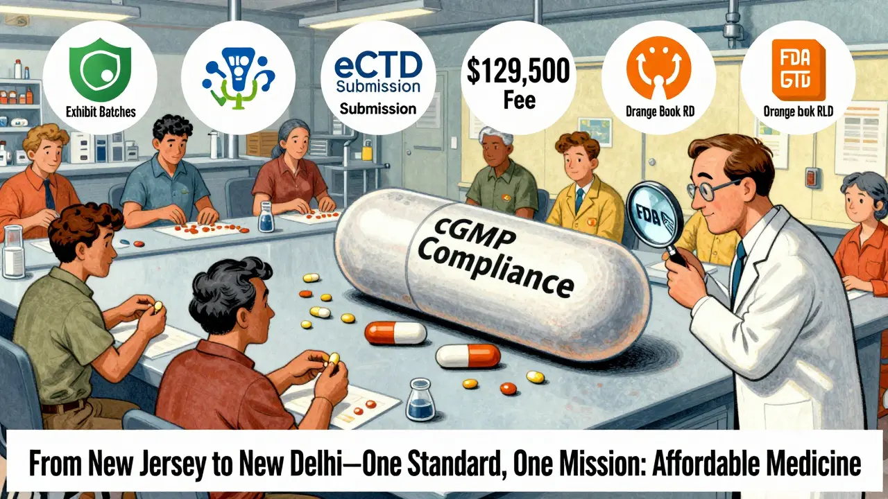 Vintage cartoon factory with FDA inspector checking compliance for global generic drug production.