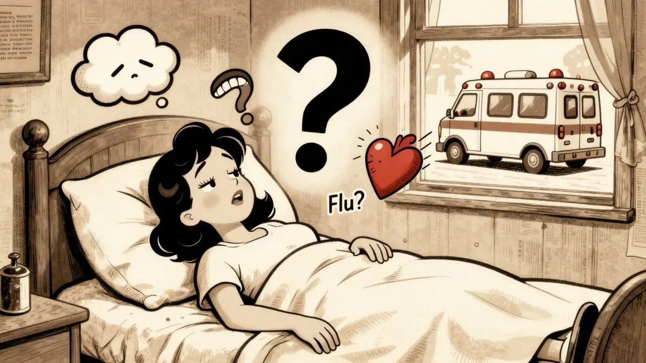Woman exhausted in bed with floating symptoms like nausea and jaw pain, ambulance outside