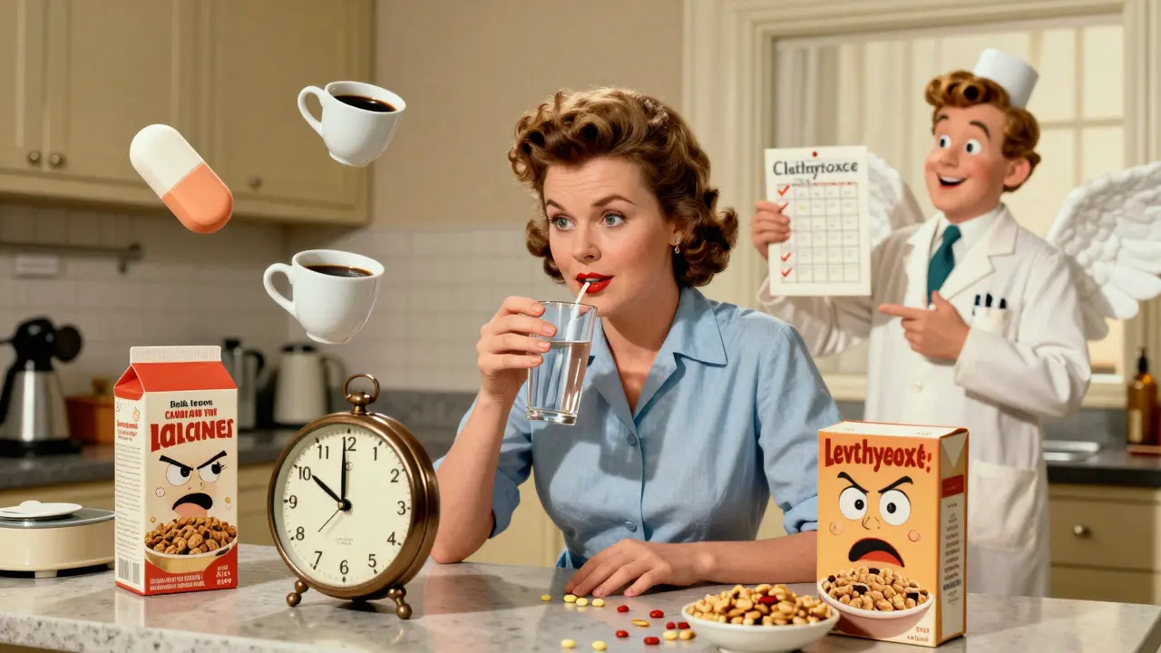 Woman taking thyroid medication with obstacles like coffee and calcium blocking absorption, guided by a pharmacist.