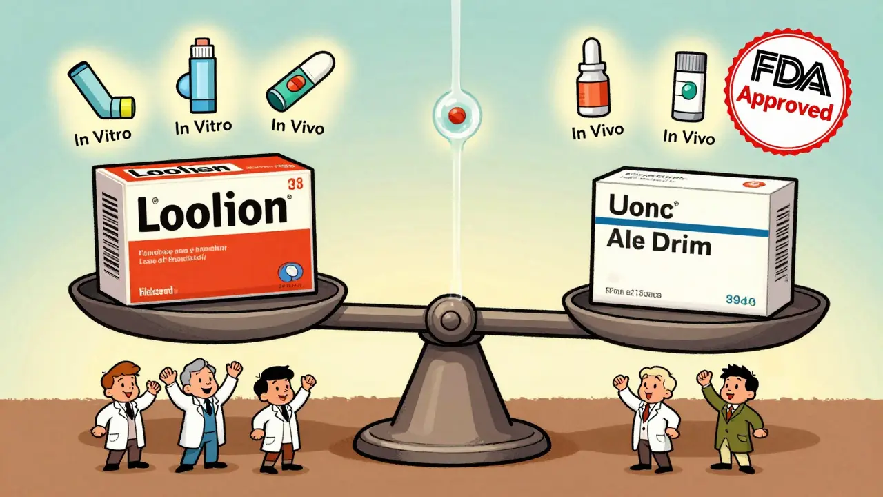 A balanced scale showing brand and generic drugs with identical bloodstream effects, surrounded by medical icons.