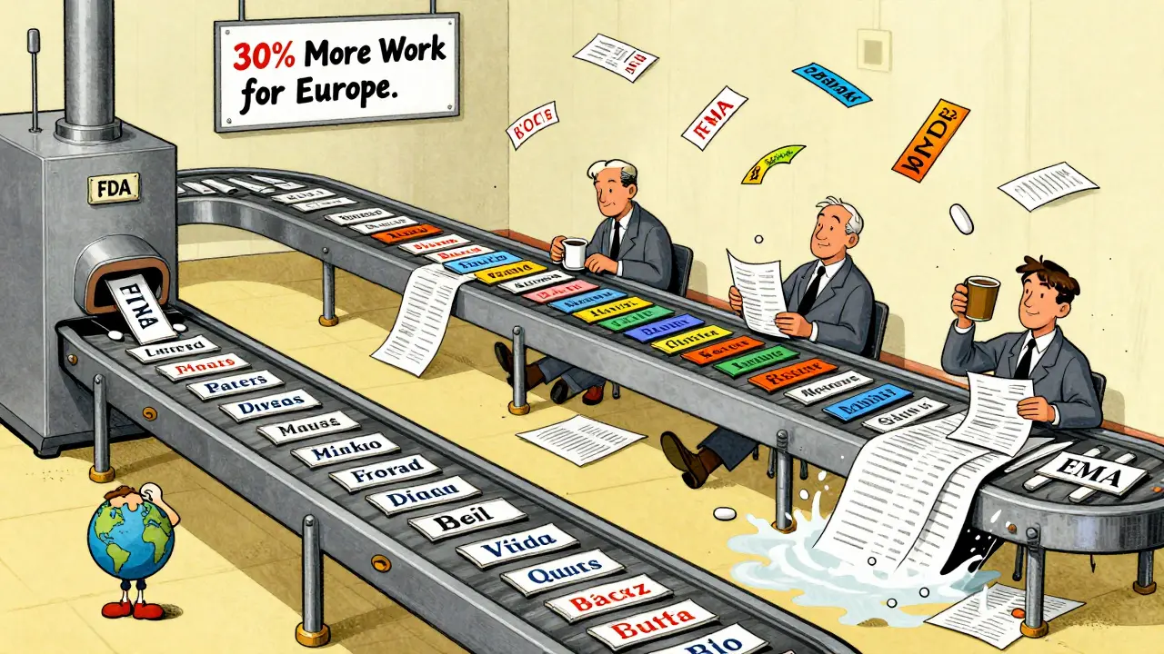 A factory conveyor produces one English label vs 24 multilingual labels, with workers overwhelmed in the EMA line.