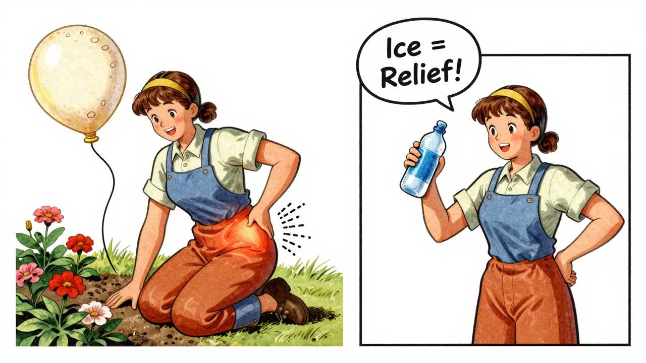 A gardener using a frozen water bottle to treat hip bursitis, illustrated in vintage cartoon style.