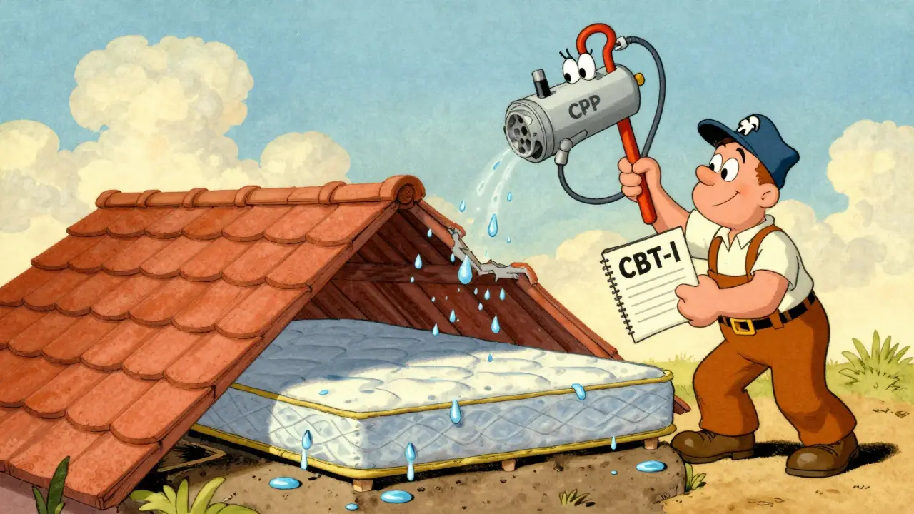 A repair crew fixes a leaking roof and broken foundation together, symbolizing combined treatment for sleep apnea and insomnia.