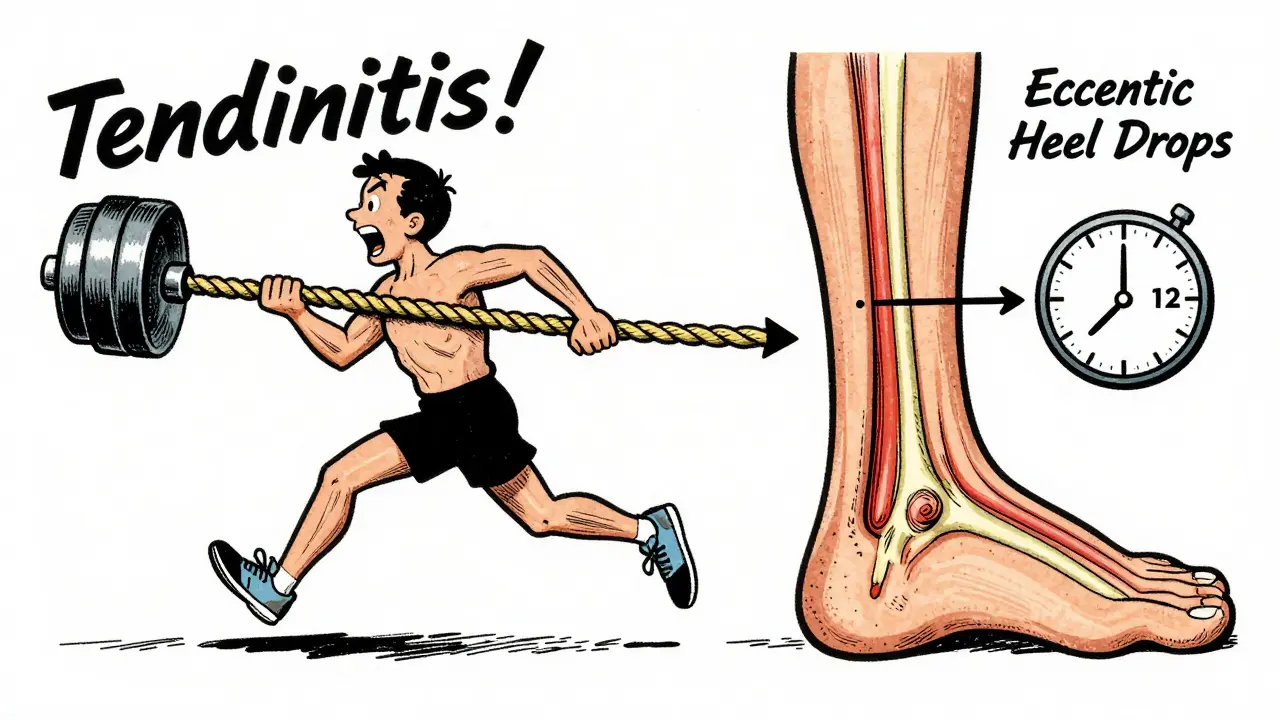 A runner with a frayed Achilles tendon undergoing eccentric heel drops, shown in vintage cartoon style.