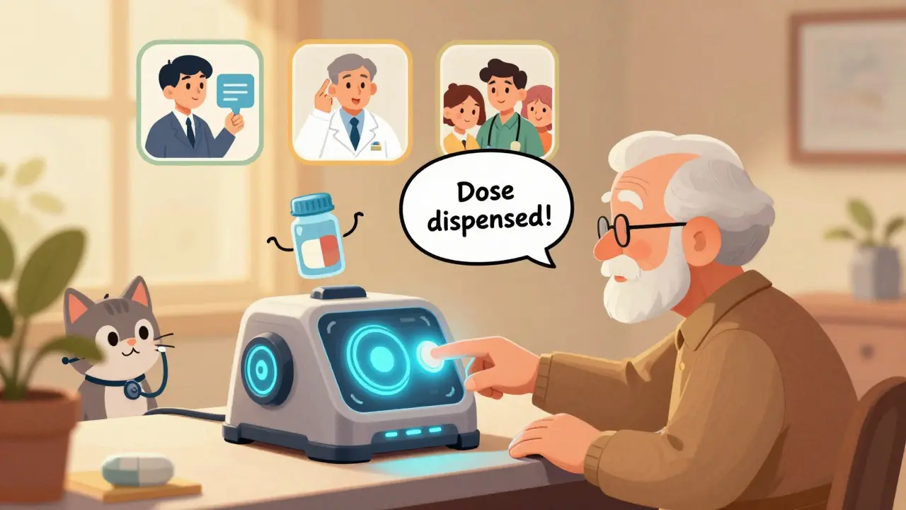 A senior using a smart pill dispenser with cartoonish alerts and a smiling caregiver icon above.