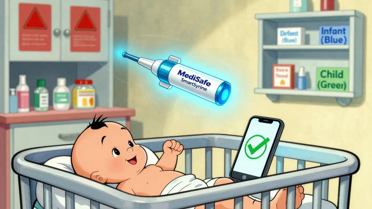A smart syringe glowing above a baby’s crib, syncing with a phone, as color-coded medicine bottles appear in the background.