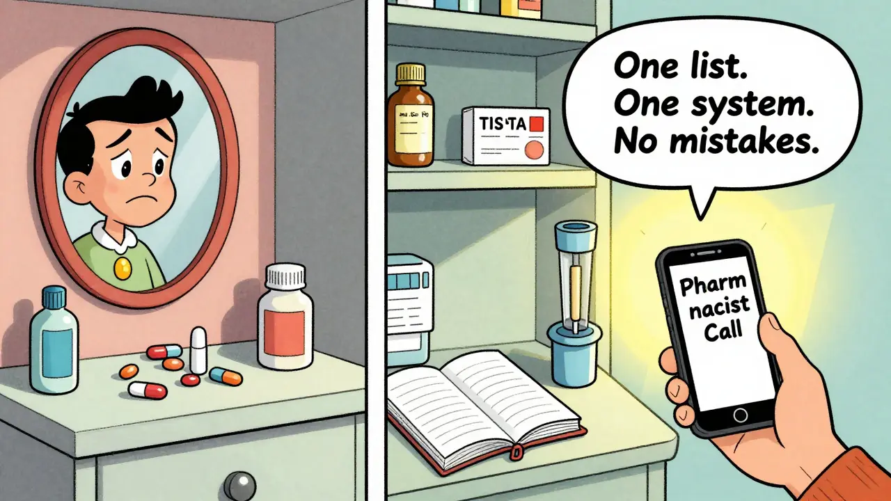 A split cartoon scene: chaotic medicine cabinet vs. organized medication system with a phone call.
