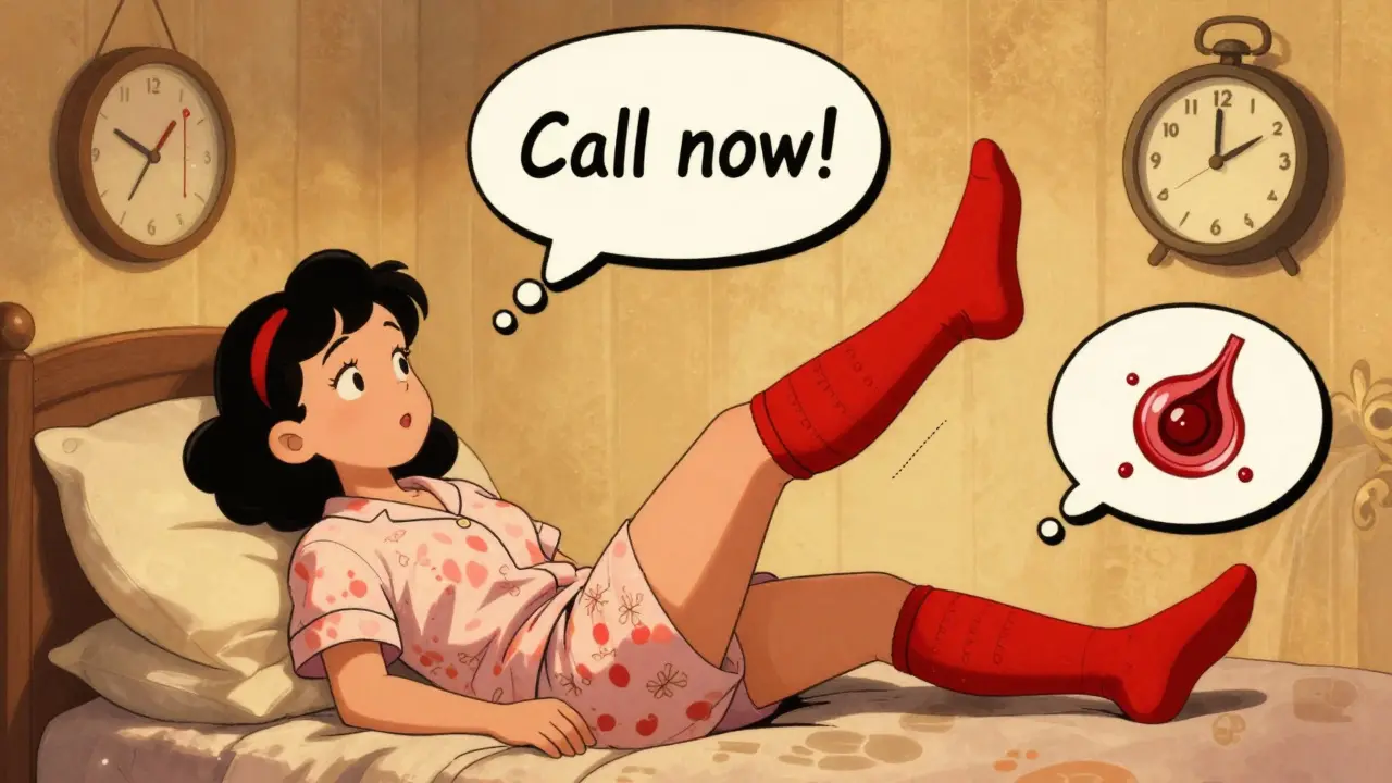 A woman elevates her legs wearing compression socks, with a doctor's warning bubble and a hidden blood clot in vintage cartoon art.