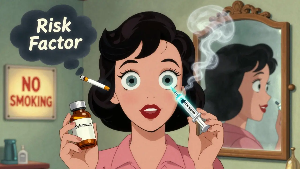 A woman with bulging eyes being helped by medicine and a 'no smoking' sign, showing eye disease treatment and prevention.