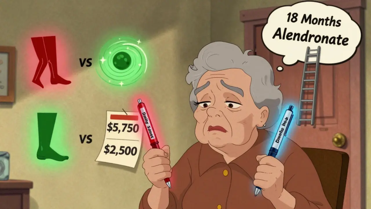An elderly woman holding two injection pens, with floating icons showing side effects, costs, and a path to next treatment.