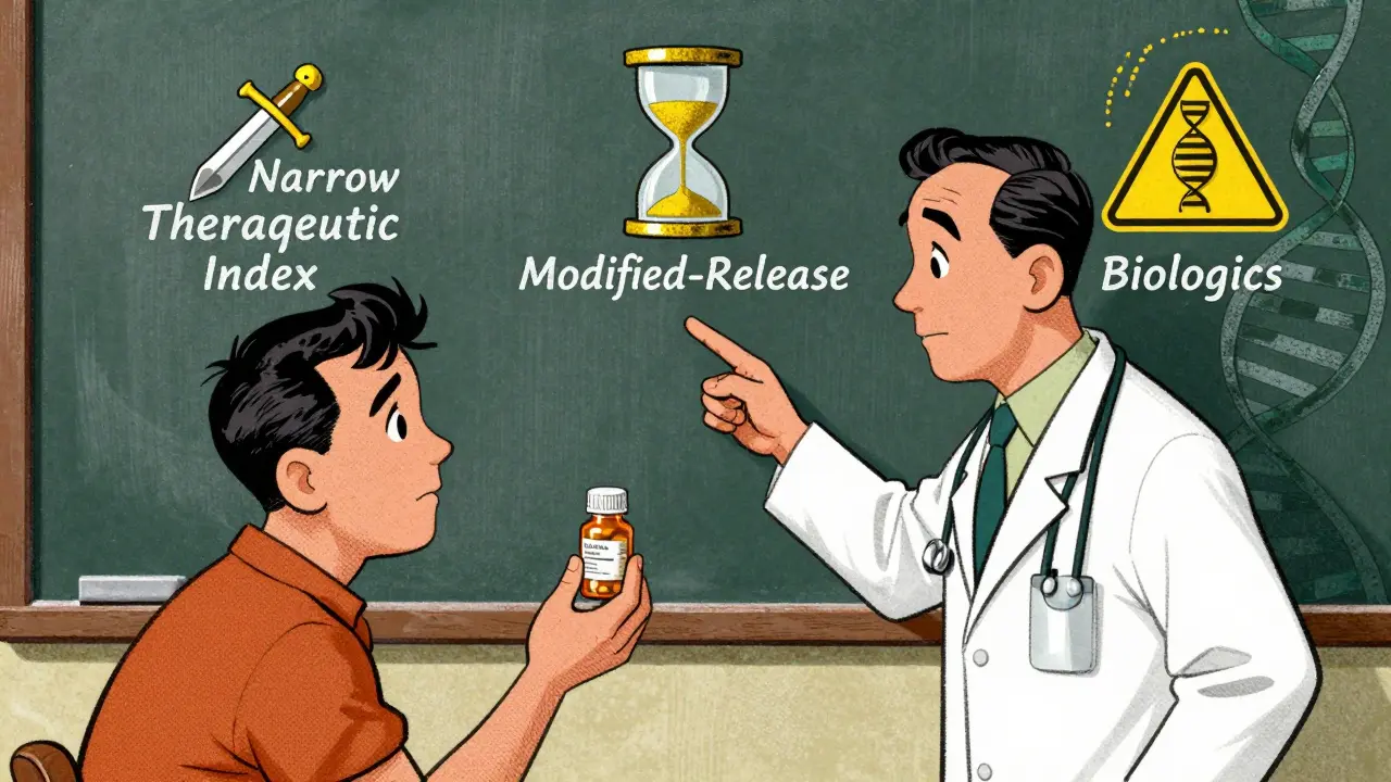 Doctor explains three exceptions to generic prescribing using illustrated icons on a chalkboard.