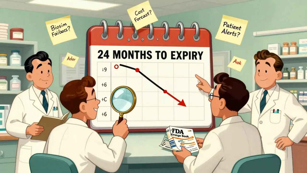 Hospital staff plan ahead for drug patent expiry using calendars and charts in retro cartoon style.
