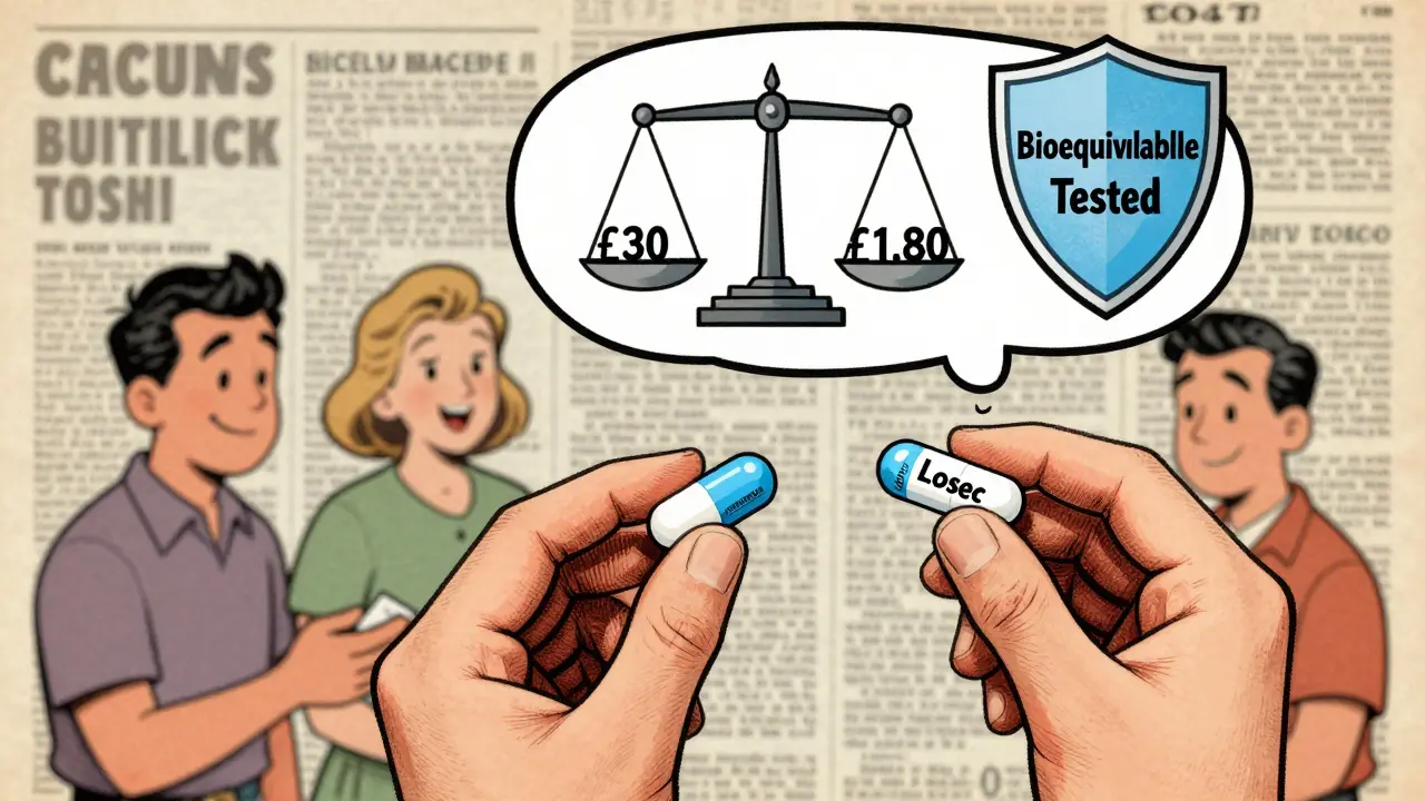 Pharmacist comparing generic and brand pills with cost and safety scale, patients smiling in background.