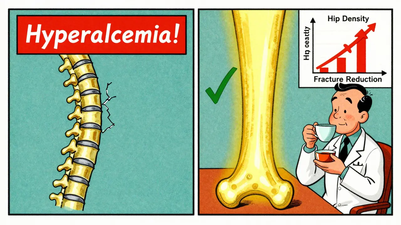 Split cartoon panel comparing teriparatide's shaky bone growth with abaloparatide's smooth, dense bone formation.