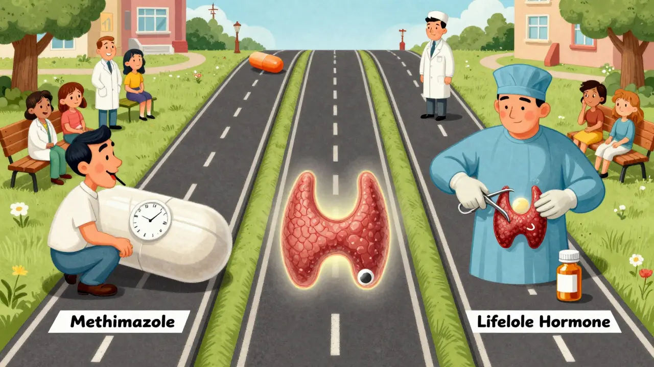 Three cartoon treatment paths for Graves' disease: pills, radioactive iodine, and surgery, each with visual symbols of outcomes.