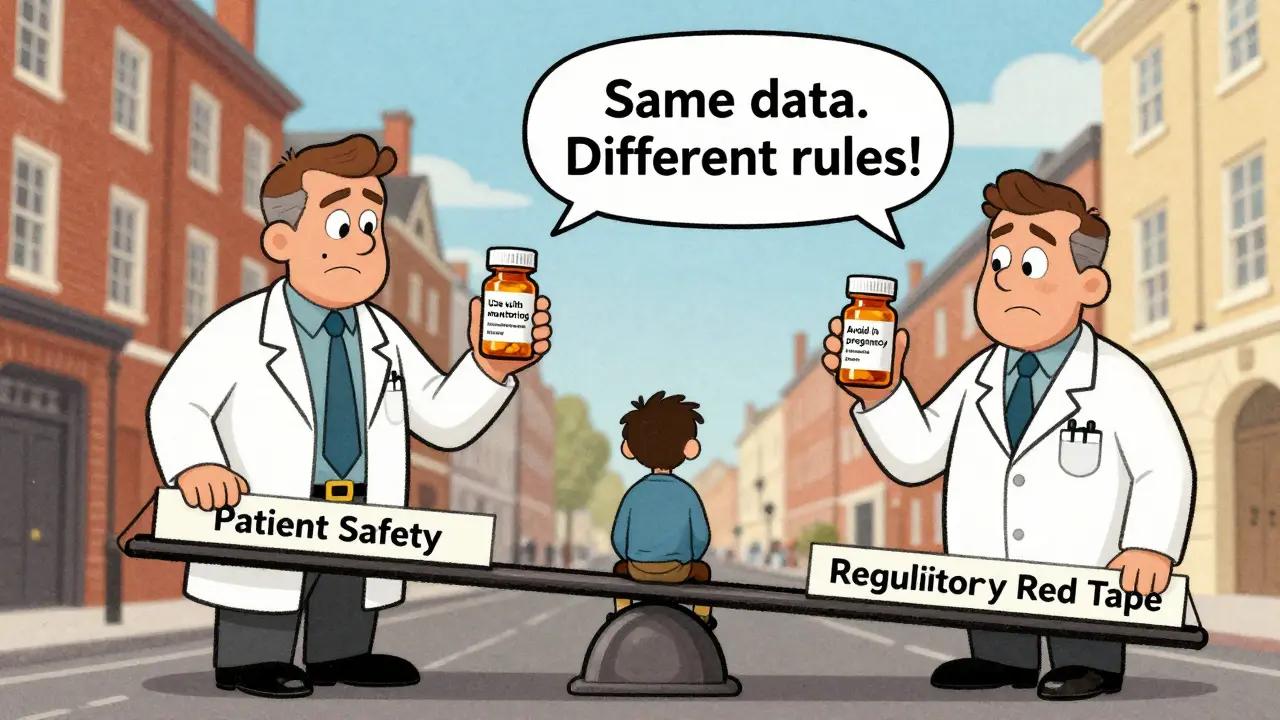 Two doctors in different countries stare at conflicting drug labels for the same pill, one saying 'avoid' and the other 'monitor'.