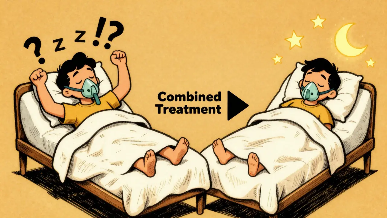 Two side-by-side scenes: one showing sleepless frustration with CPAP, the other peaceful sleep — connected by a treatment path.