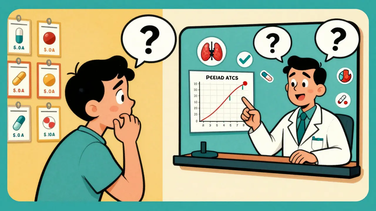 A customer compares generic drug prices on a screen while a pharmacist explains absorption differences via video call.