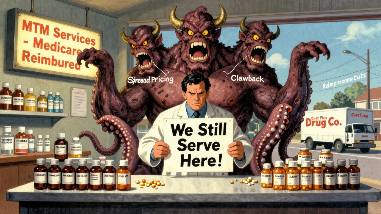 A lone pharmacist battling a three-headed PBM monster over generic drug profits, with clinical services shining behind.