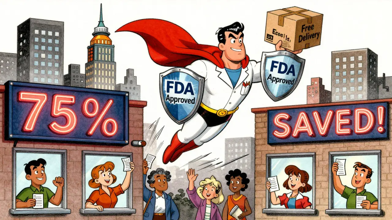 A superhero pharmacist flies over a city of drug bottles, delivering savings with a shield labeled 'FDA Approved'.