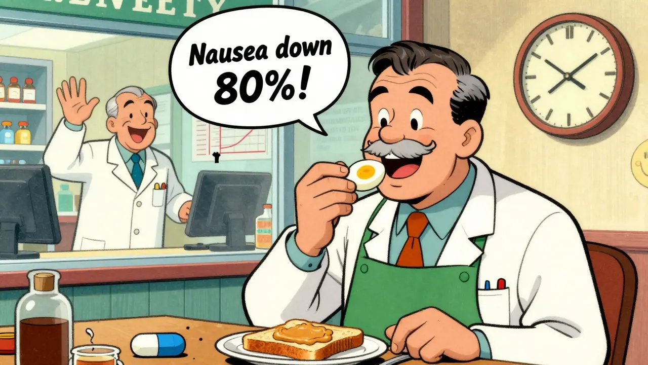 An elderly man finds relief from nausea by taking medication with a snack, illustrated in classic cartoon style.