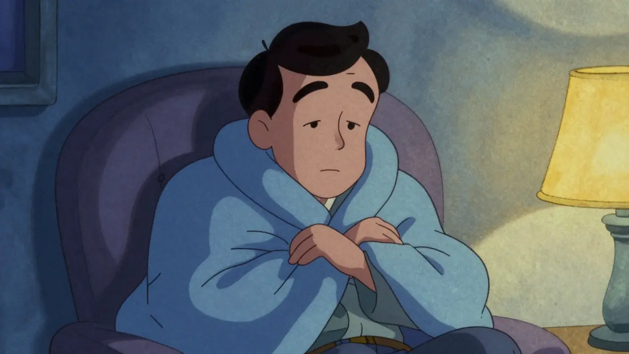 Cartoon character looking tired on a chair with blue shadows.