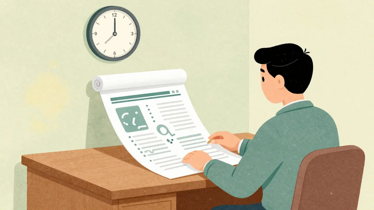 Employee examining a benefits document at a desk.