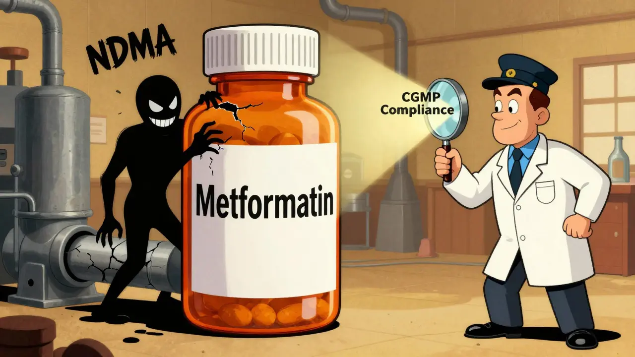 Generic pill bottle threatened by NDMA contamination, rescued by CGMP inspector.