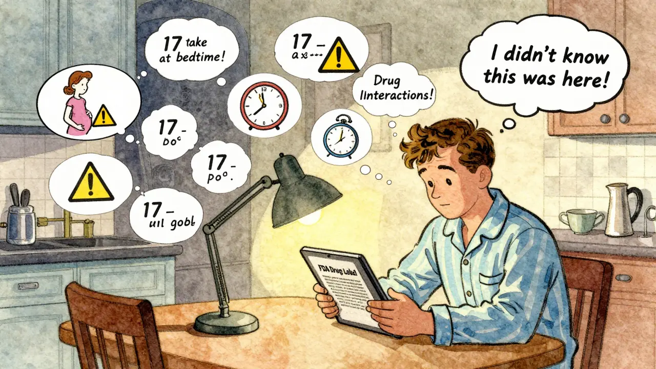 Person reads FDA drug label at night with floating sections around them, including pregnancy and dosing warnings, vintage cartoon style.