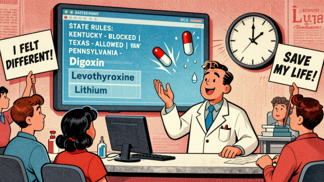 Pharmacist juggling NTI pills as state rules flash on screen, patients holding signs, vintage cartoon with action lines and newspaper texture.