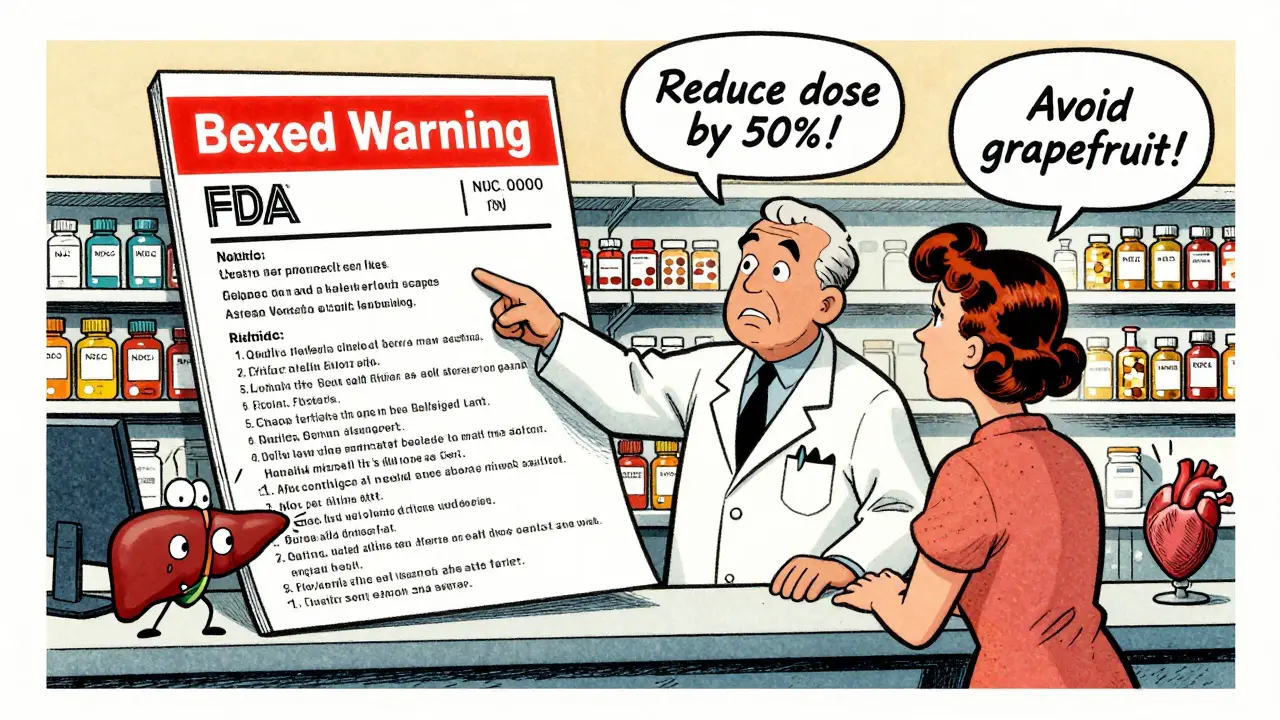Pharmacist points to a glowing Boxed Warning on an FDA label while patient listens, warning icons nearby, vintage cartoon style.