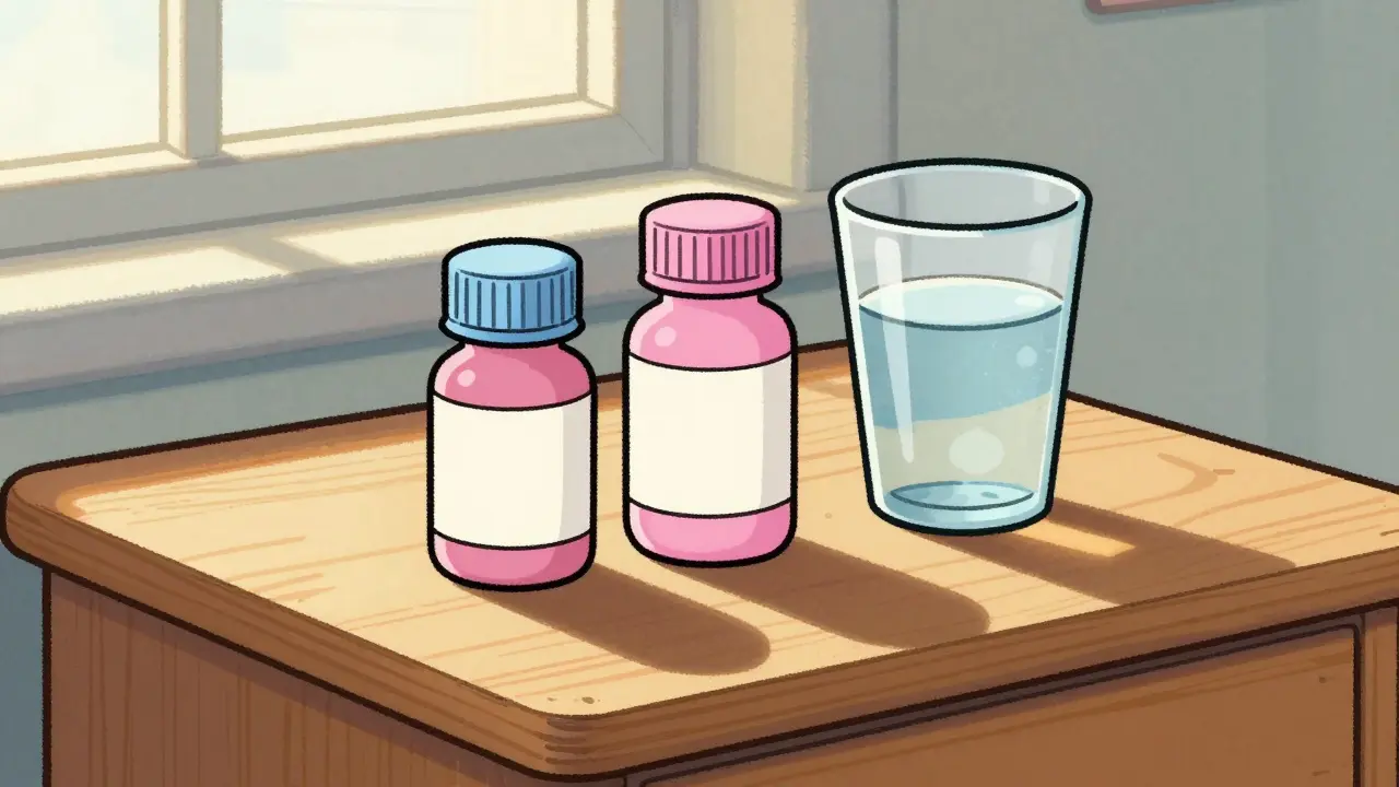 Retro illustration of two medicine bottles on a nightstand.