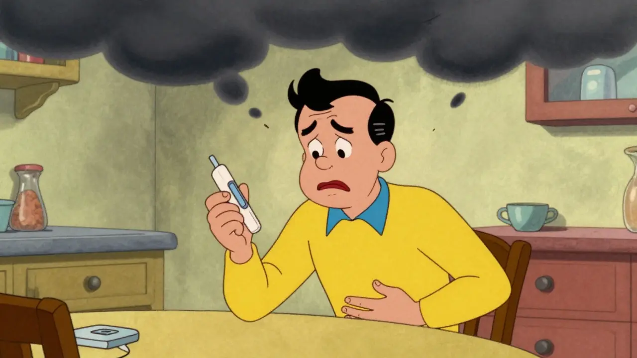 Sick cartoon character holding glucose monitor confused