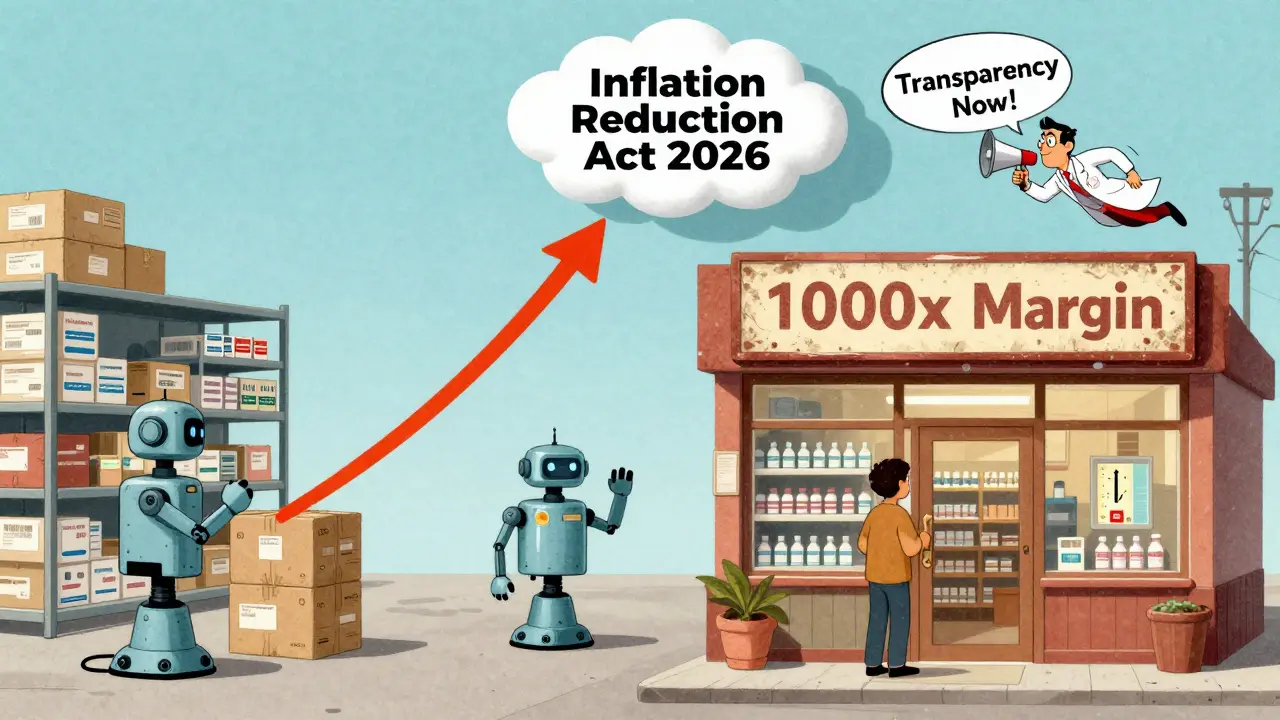 Split cartoon scene: mail-order pharmacy with massive profits vs. struggling local pharmacy, with a transparency superhero flying in.
