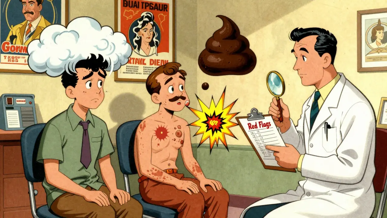Three patients display serious side effects in a doctor's office, highlighted with bold vintage cartoon visuals.