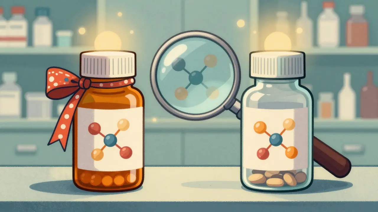 Two medicine bottles glowing with equal light representing safety.