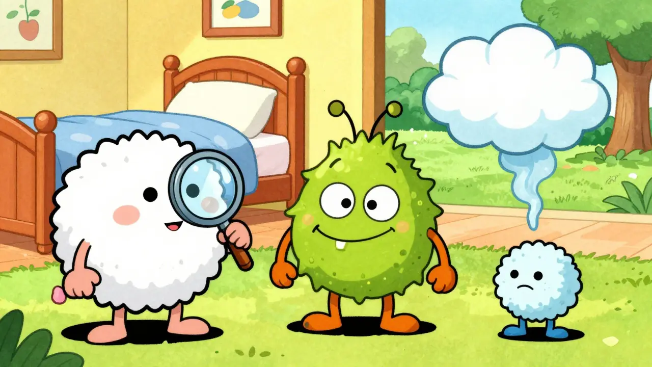 Cartoon monsters representing asthma triggers like dust mites, pollen, and cold air