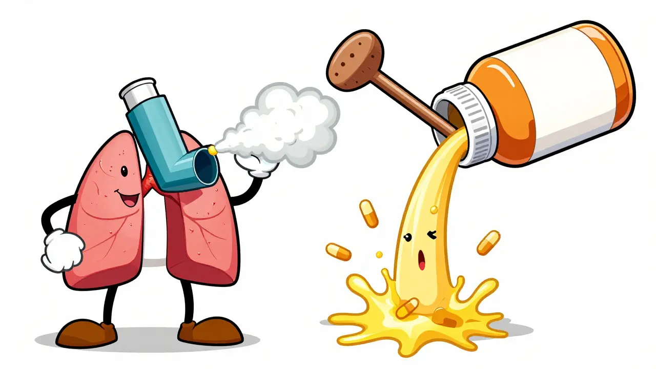 Comparison between a targeted inhaler and systemic oral medication in a vintage cartoon style