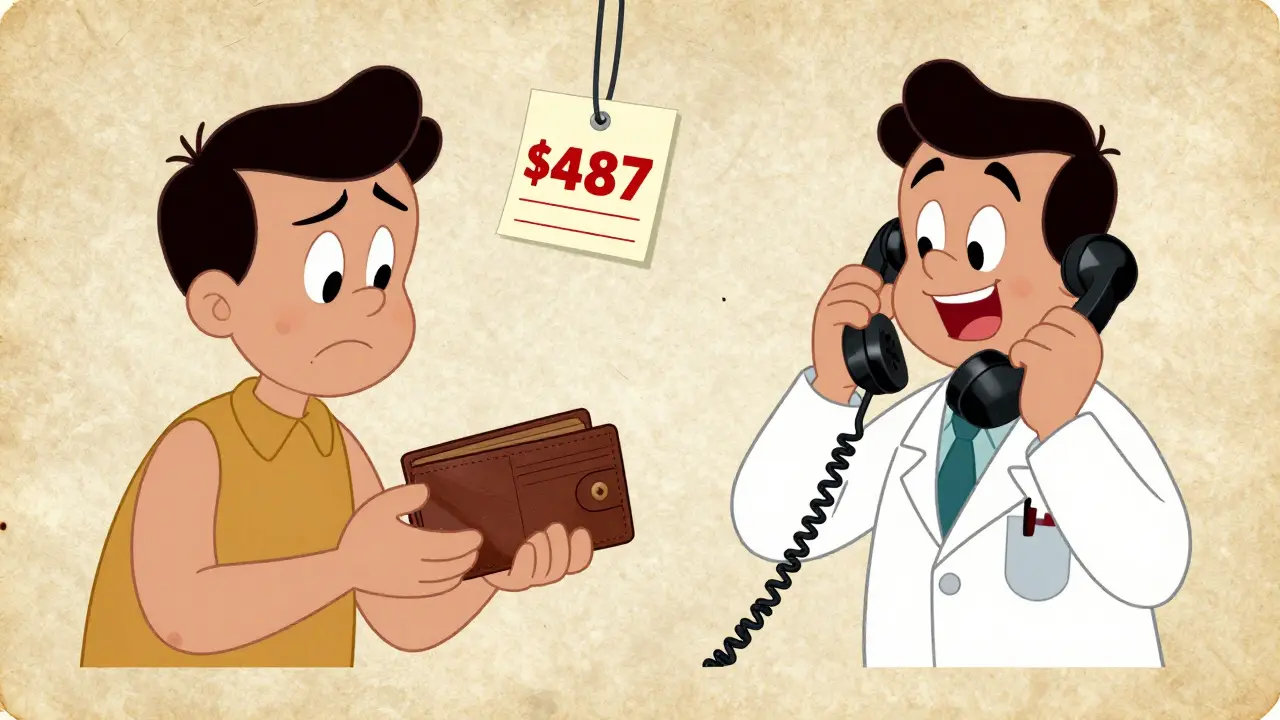 Stressed man with an empty wallet talking to his doctor on a vintage telephone