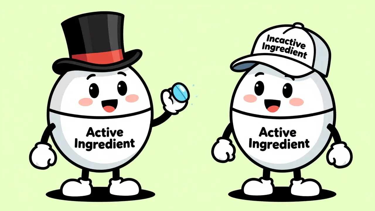 Two cartoon pills wearing the same shirt but different hats to show identical active ingredients.