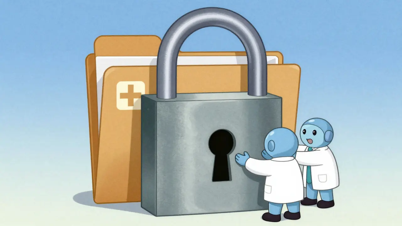 Vintage cartoon of a large padlock protecting medical data