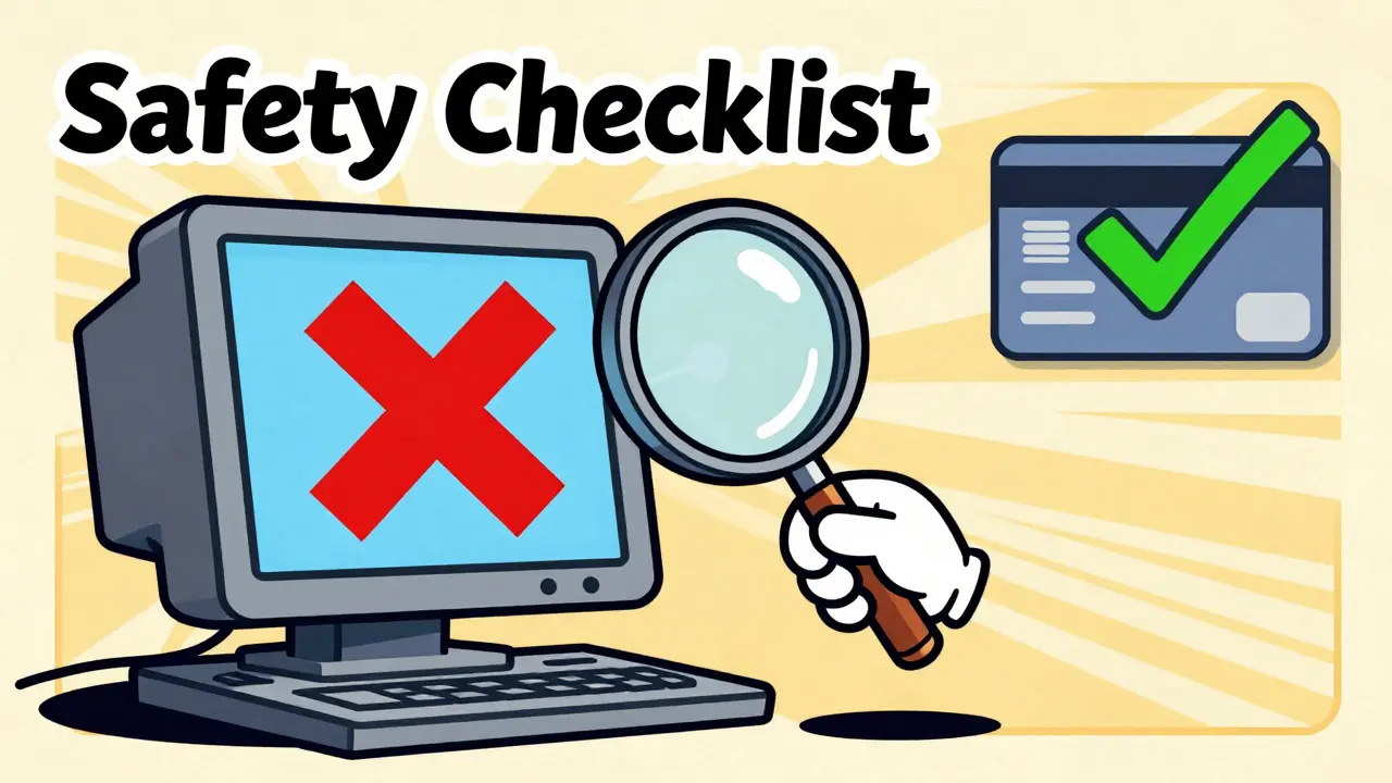 Vintage cartoon of a person using a magnifying glass to spot a fake pharmacy website